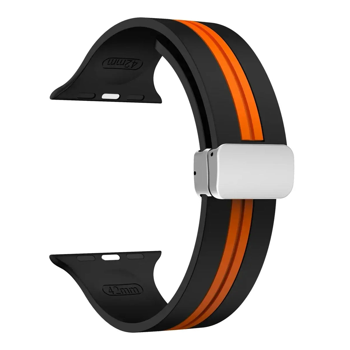 Black / Orange - Silver Clasp striped silicone Apple Watch band with magnetic clasp