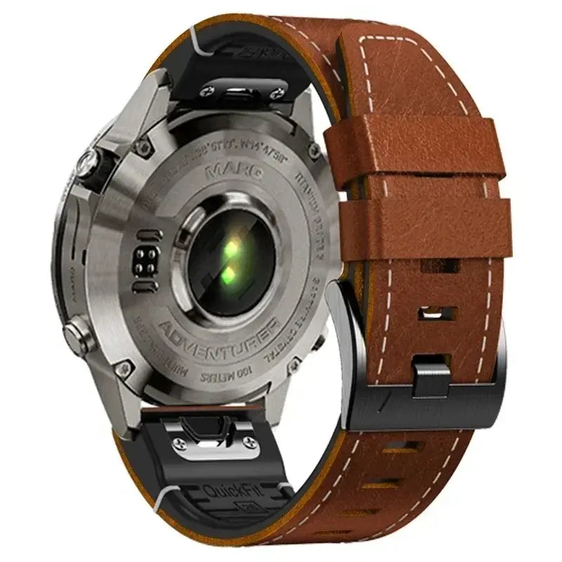 Garmin QuickFit Leather and Silicone Band brown stitched band shown from the underside