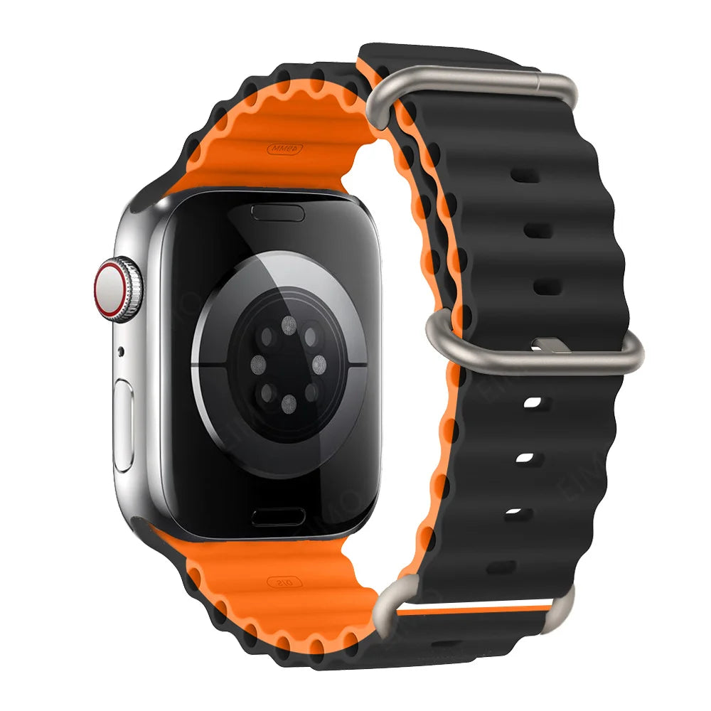 Ribbed Silicone Apple Watch Band with Adjustable Metal Loop in Black / Orange