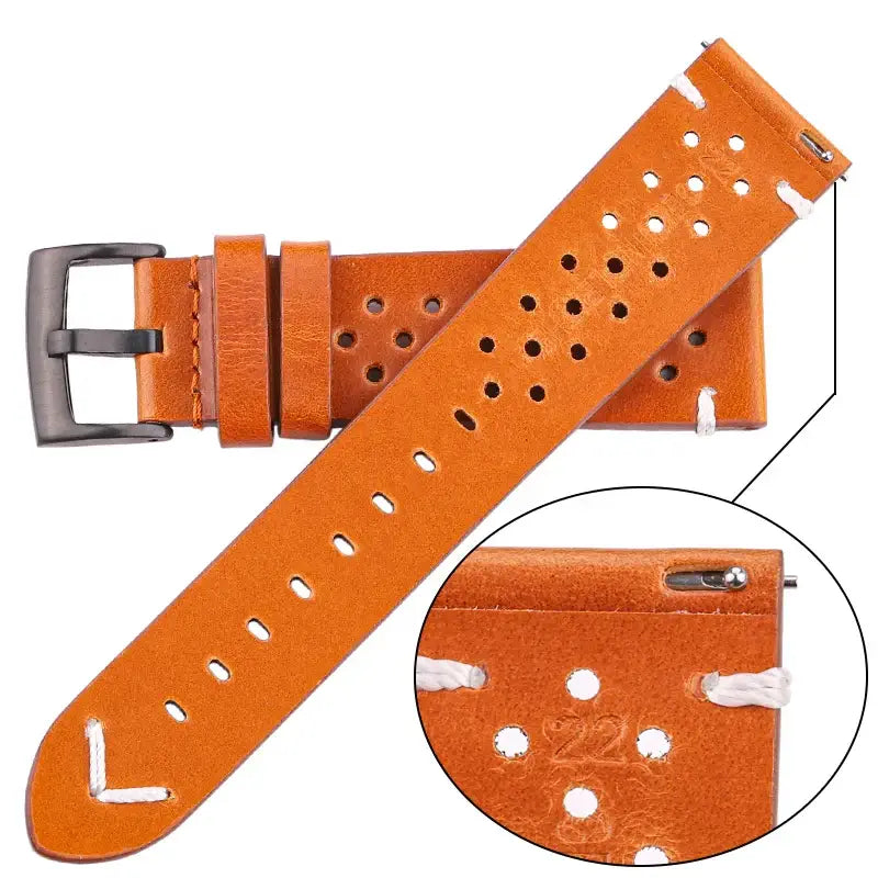 TicWatch Perforated Leather Band with V Stitch - Orange brown leather and spring-bar detail
