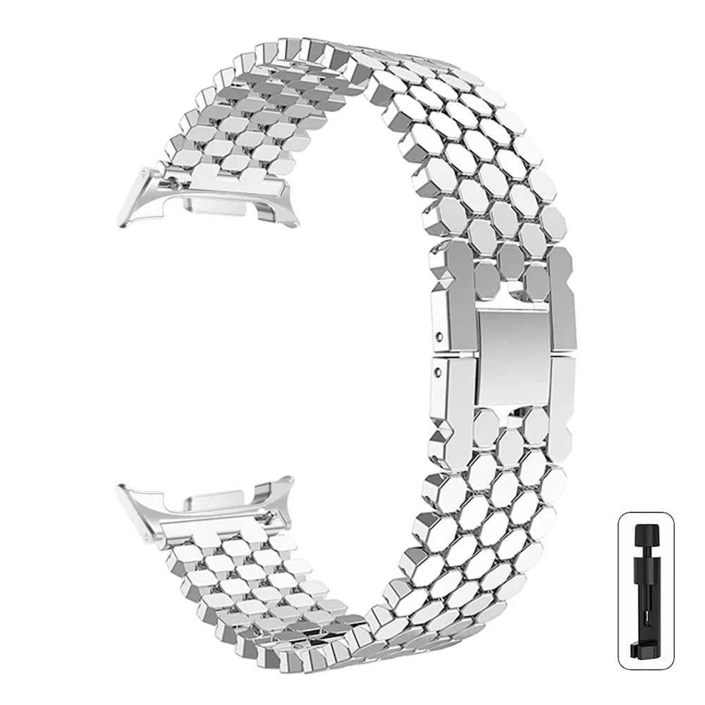 Samsung Galaxy Zinc Alloy Honeycomb Watch Band - Watch8/Watch8 Classic/Watch9/Ultra/Ultra2 in silver, showcasing a honeycomb mesh design.