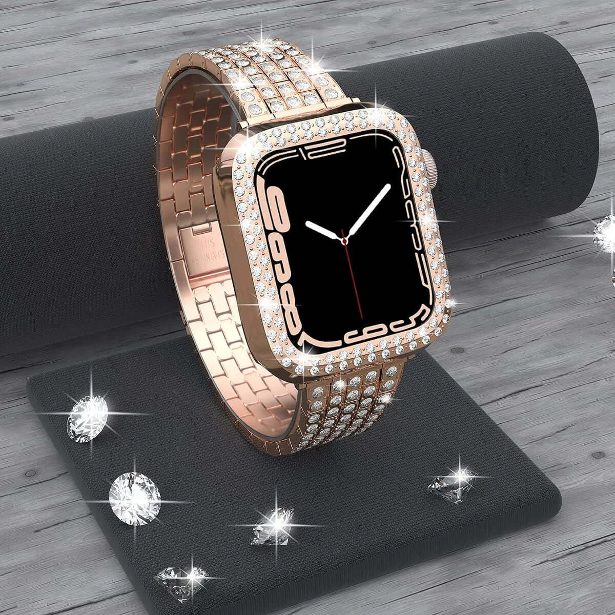 Rose Gold rhinestone Apple Watch bracelet and matching case on display