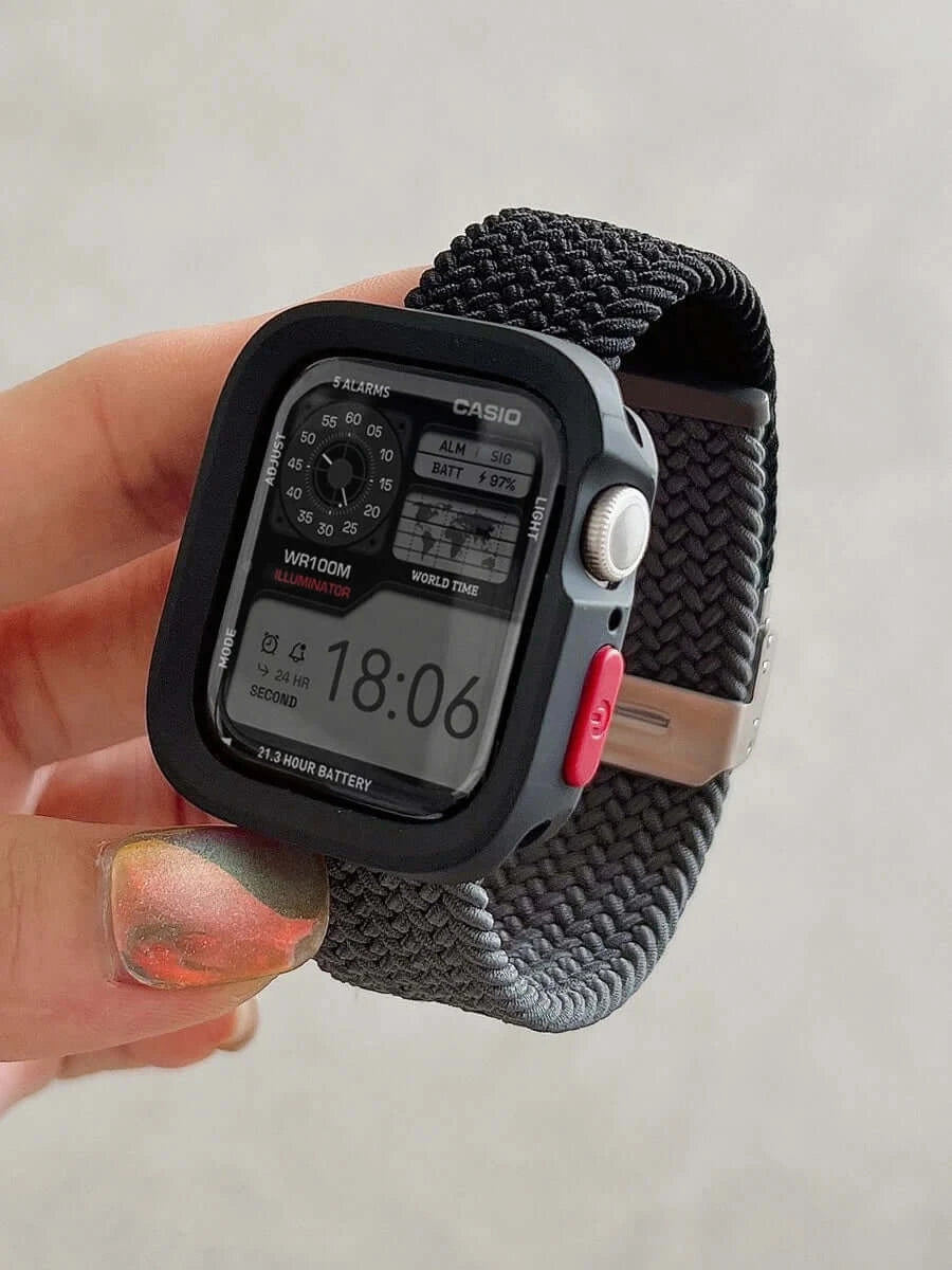 Black Case - Black / Gray woven nylon Apple Watch band with matching case