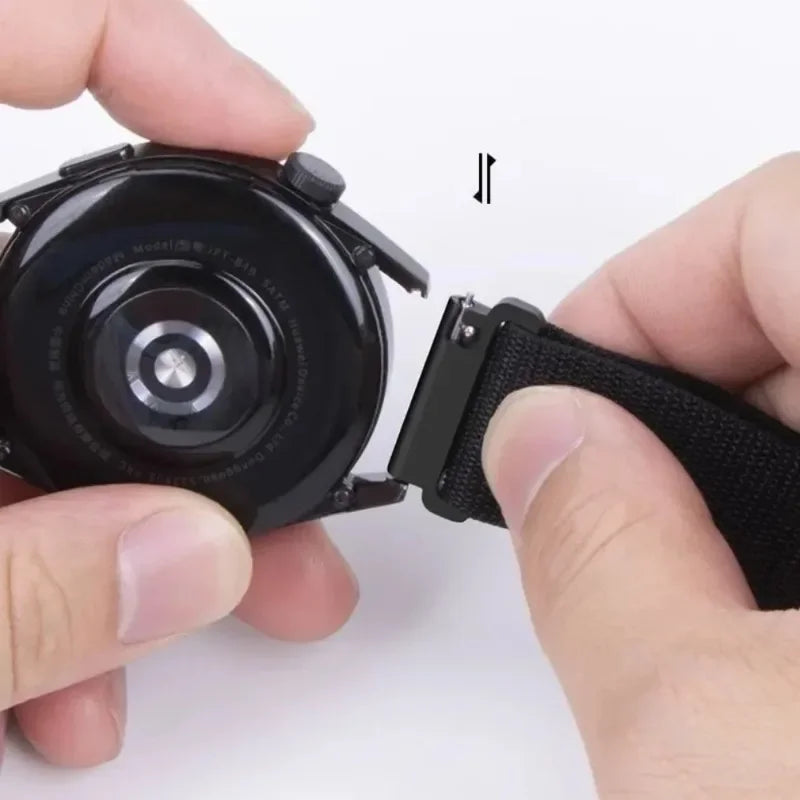 OnePlus Smartwatch Alpine Loop Nylon Band Adjustable Sport Strap being attached to the watch.