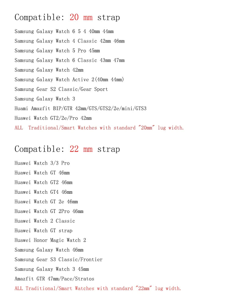 OnePlus Smartwatch Silicone Strap FKM Rubber Watch Band Bracelet compatibility list for 20mm and 22mm straps.