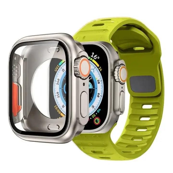 Lime Green slotted silicone Apple Watch band with coordinating case