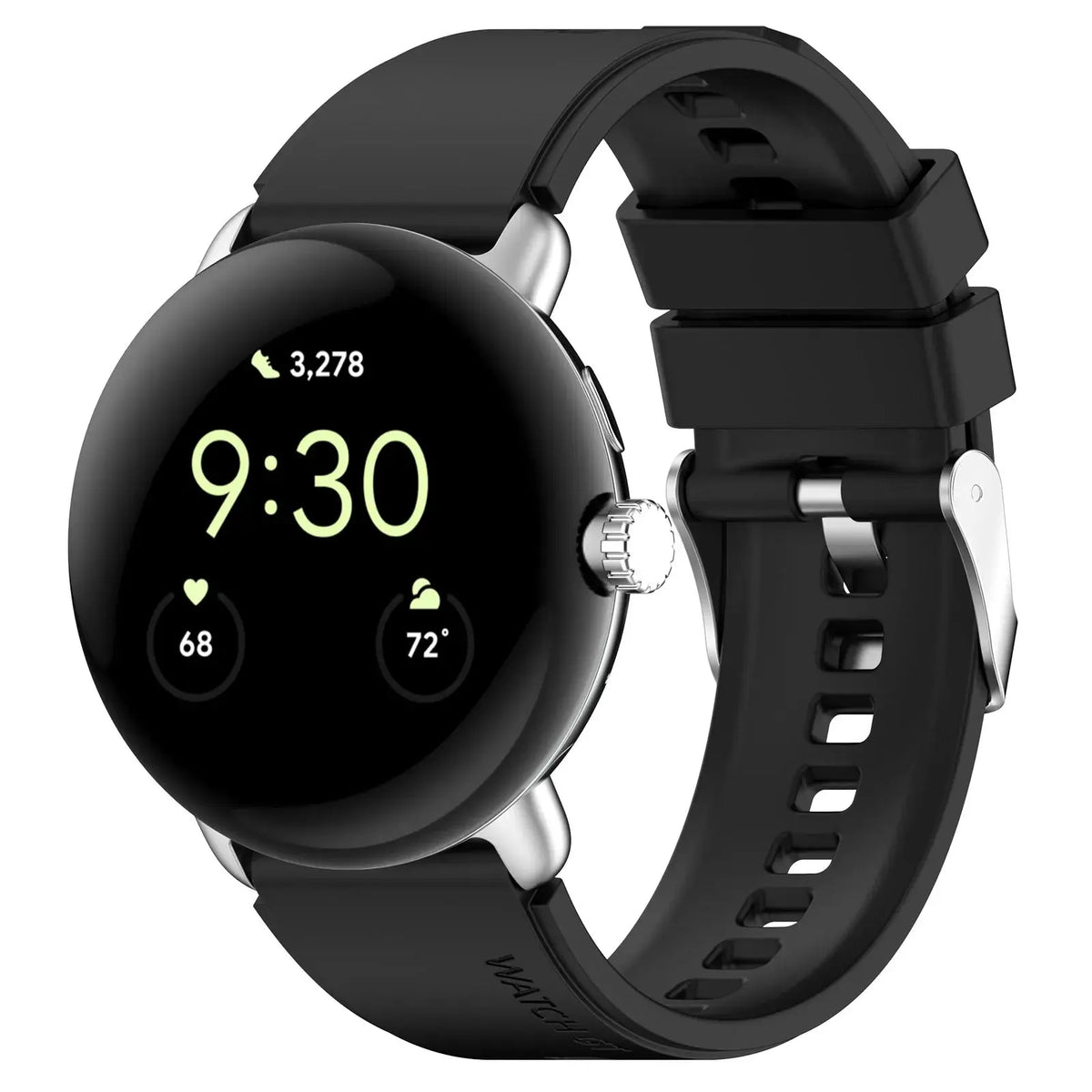 Black silicone Pixel Watch band with buckle and two strap keepers