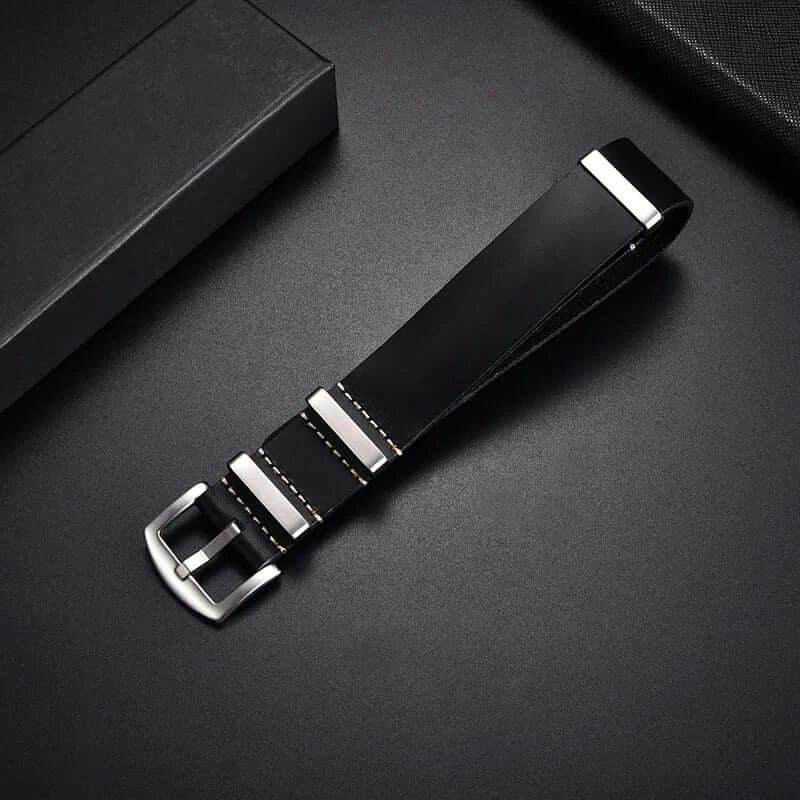 Black leather pass-through strap with silver-tone hardware