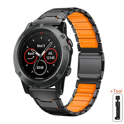 Black / Orange Garmin QuickFit 22/26mm Two-Tone Metal Link Band with Magnetic Clasp