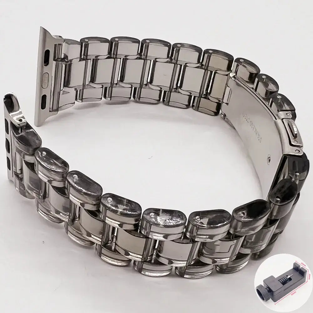Smoke Gray resin Apple Watch link band with adjustment tool