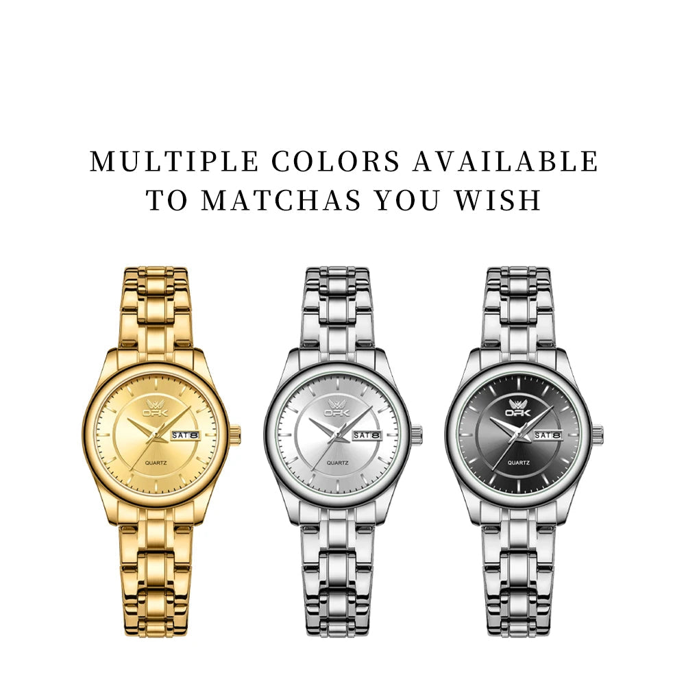 Women's Stainless Steel Day-Date Quartz Watch — Three day-date watch color options — BandsCo Straps