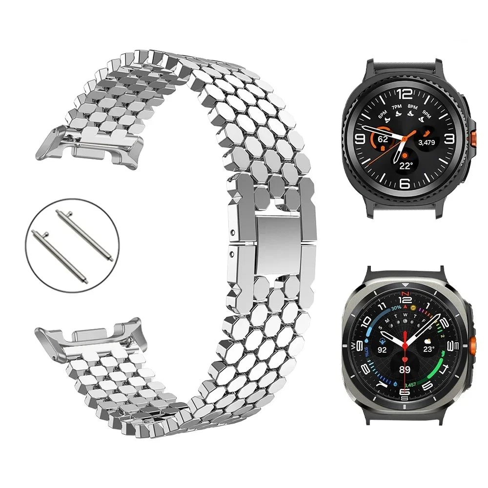 Samsung Galaxy Zinc Alloy Honeycomb Watch Band - Watch8/Watch8 Classic/Watch9/Ultra/Ultra2 with watches on display.