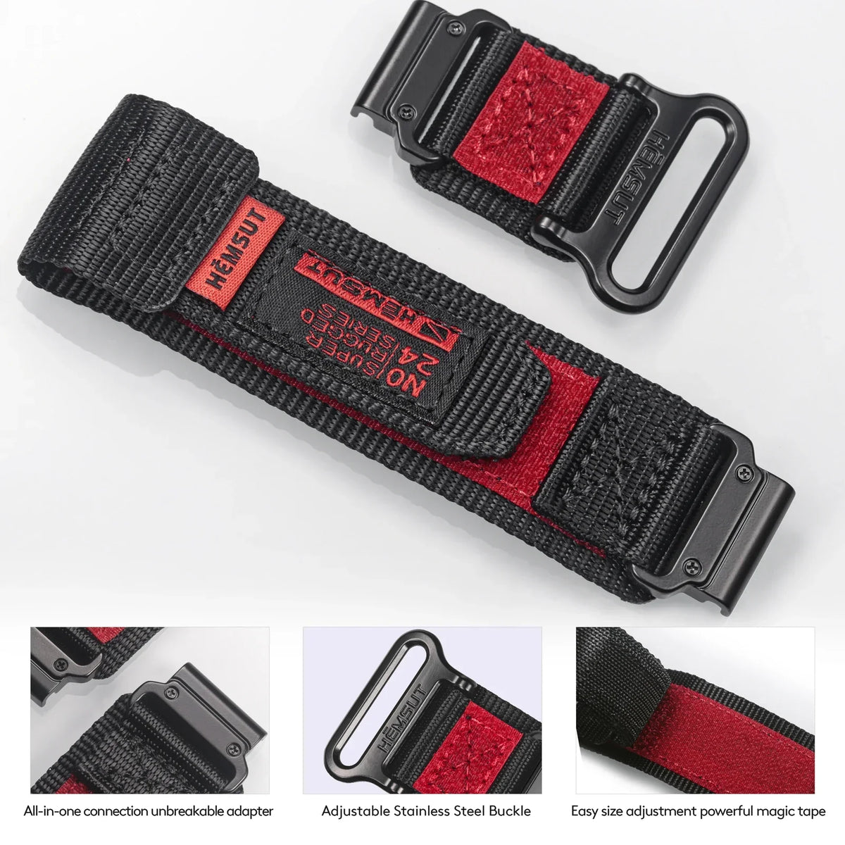 Garmin 26mm Nylon Band with Contrast Trim fold-back fastening, metal keeper and connector details