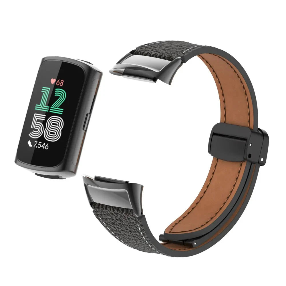 Black Fitbit Charge 5 and 6 Leather Band with Magnetic Folding Clasp