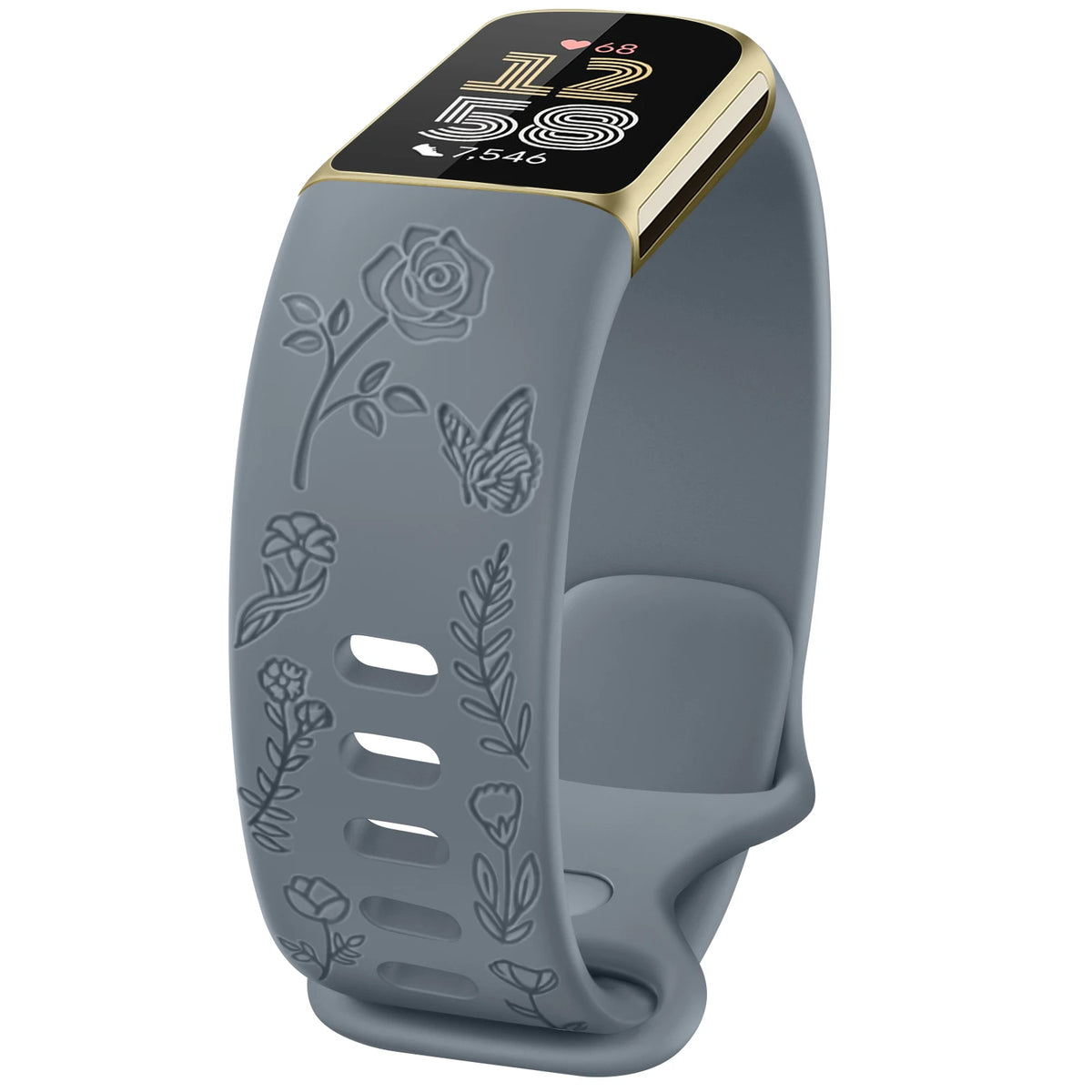 Blue Gray Fitbit Charge 5 and 6 Floral Engraved Band, Soft TPU