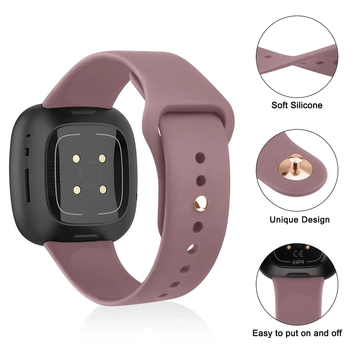 Fitbit Versa & Sense Classic Silicone Pin Band - Mauve strap and round pin detail