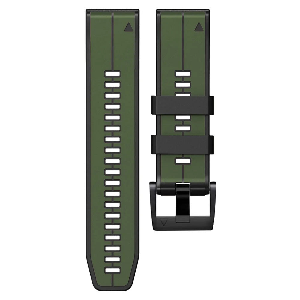Garmin QuickFit Contrast-Panel Silicone Band army green and black strap laid flat