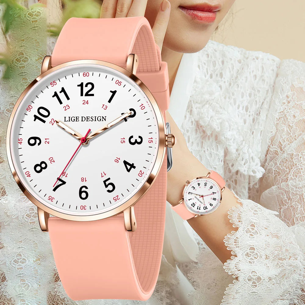 Women's Arabic Numeral Silicone Quartz Watch — Pink silicone watch with white dial — BandsCo Straps