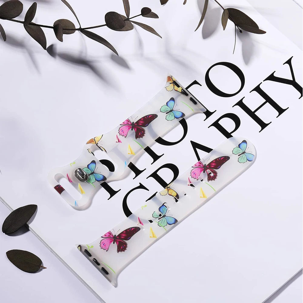 Clear Floral & Butterfly Silicone Apple Watch Band in Colorful Butterflies