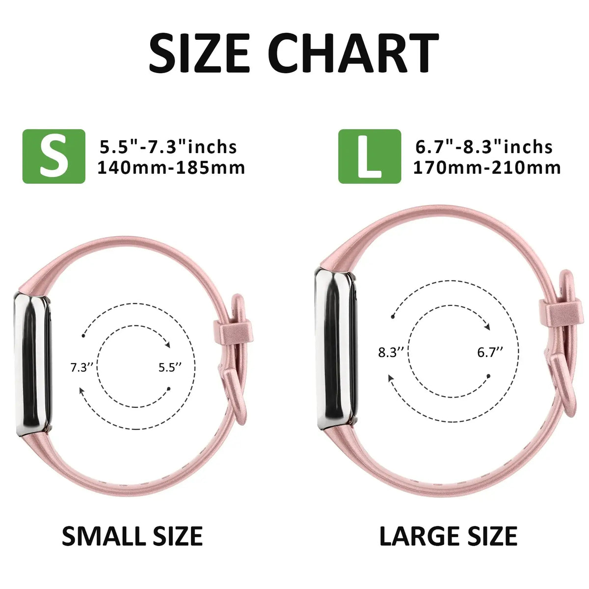 Fitbit Luxe Silicone Band with Solid & Glitter Finishes - Small and large wrist-size chart