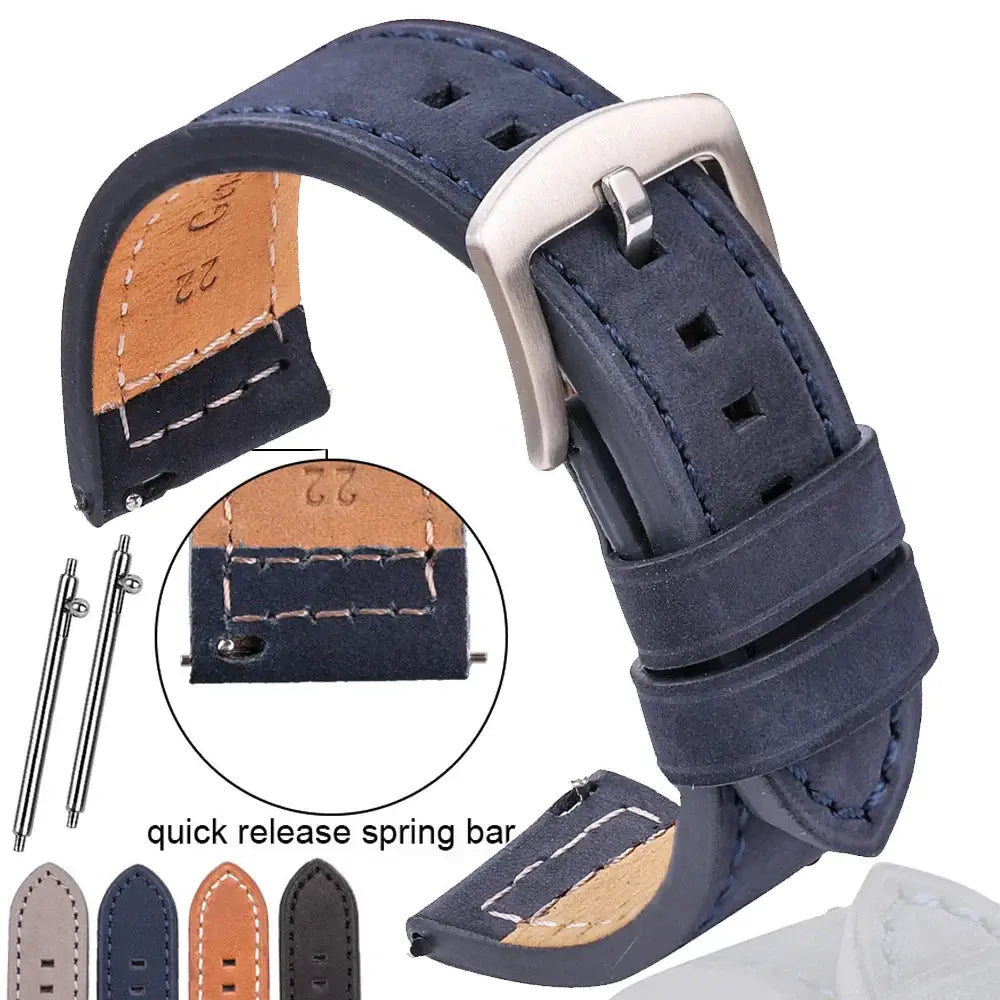Navy leather strap connector and stitching details for compatible Huawei watches