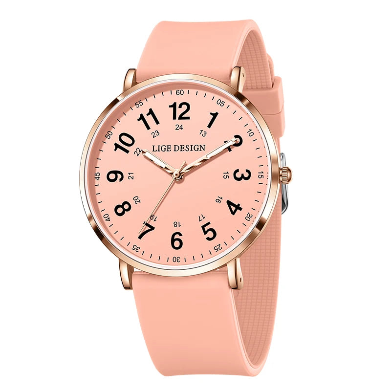Women's Arabic Numeral Silicone Quartz Watch — Pink / Rose Gold Tone / Pink Dial — BandsCo Straps