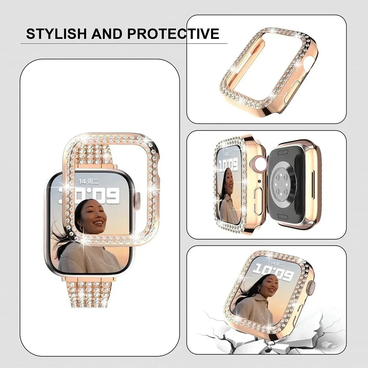 Illustration of matching rhinestone case fitted around Apple Watch