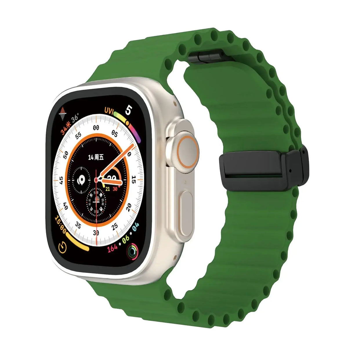 Green ridged silicone Apple Watch band with magnetic clasp