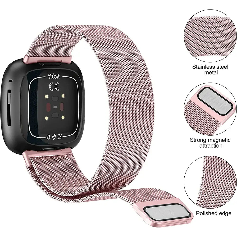 Fitbit Versa 3/4 & Sense 1/2 Magnetic Mesh Band - Rose pink mesh and magnetic closure details