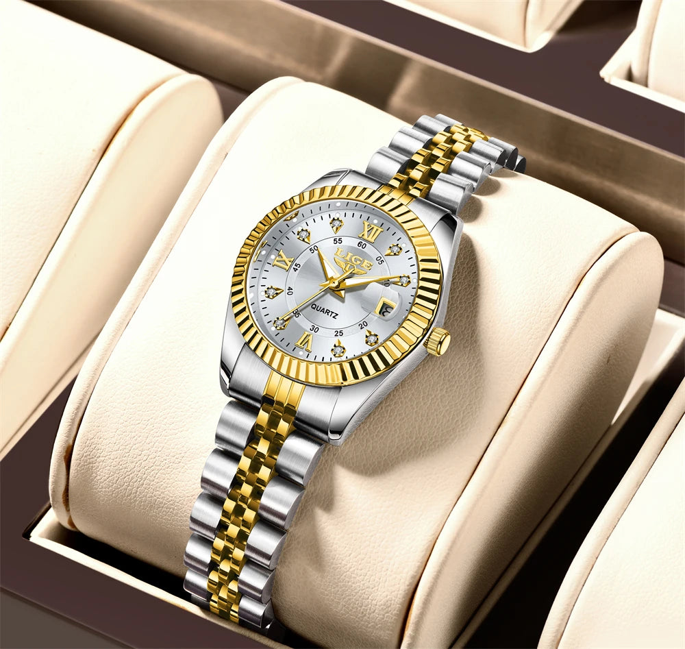 Women's 27mm Fluted Bezel Quartz Date Watch — Two Tone / White Dial