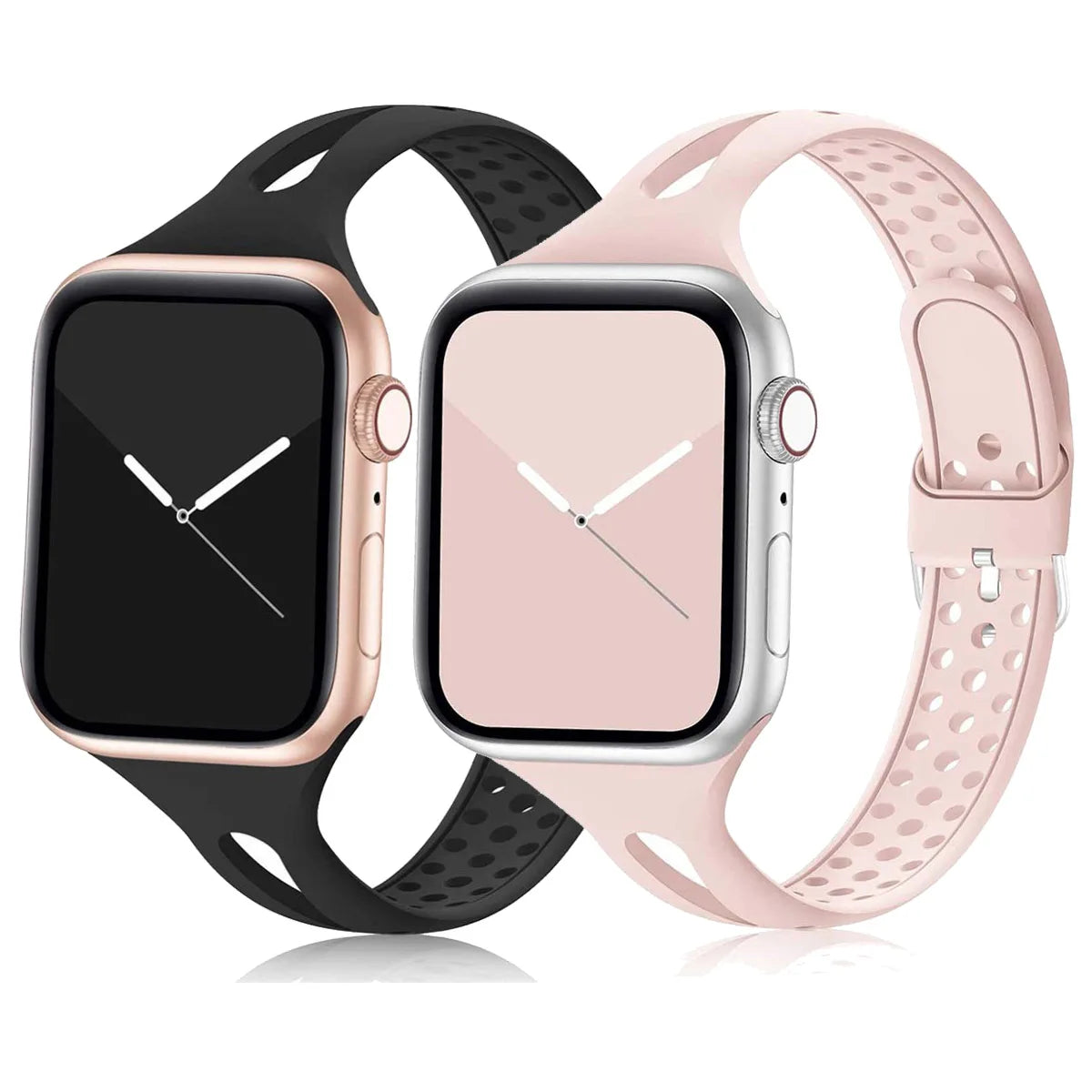 Black and pink slim perforated bands shown together for Apple Watch