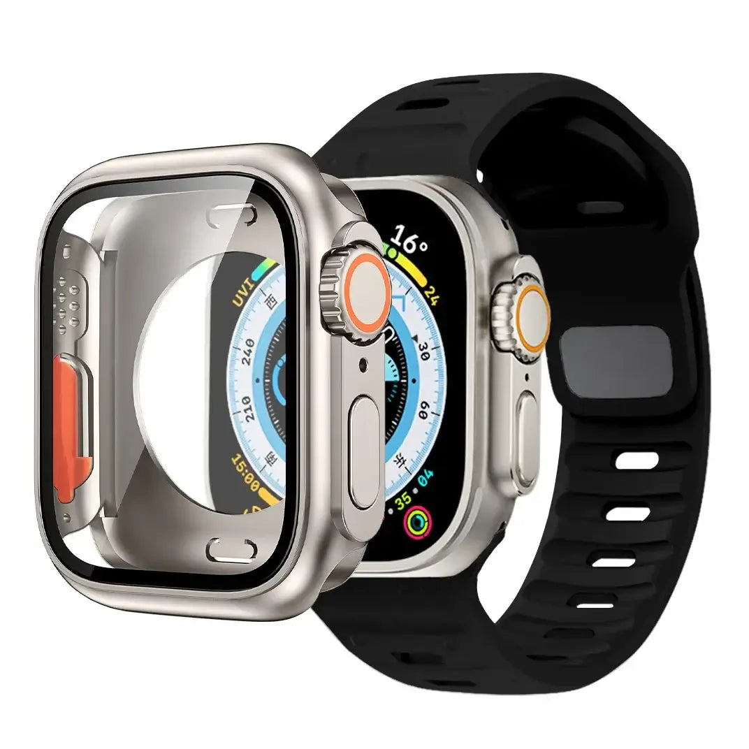 Black slotted silicone Apple Watch band with coordinating case