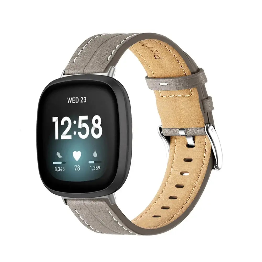 Fitbit Versa & Sense Contrast-Stitched Leather Band - Taupe Gray