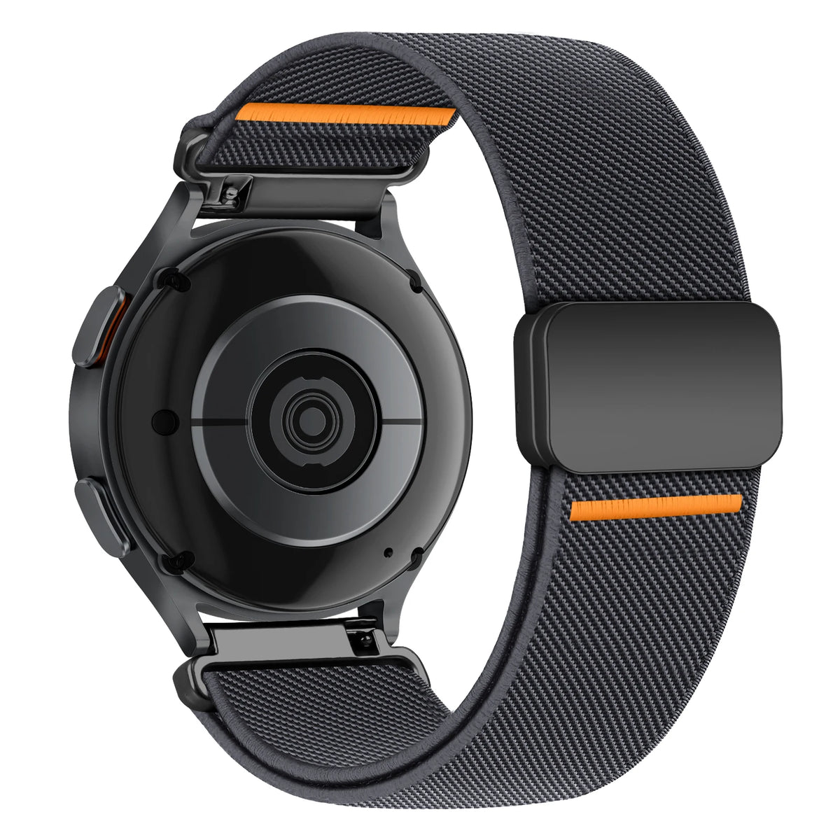 OnePlus Smartwatch Nylon Band Adjustable Solo Loop Wrist Strap in black with orange accents.