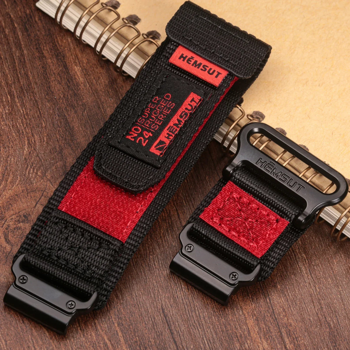 Garmin 26mm Nylon Band with Contrast Trim black and red woven strap with text patch