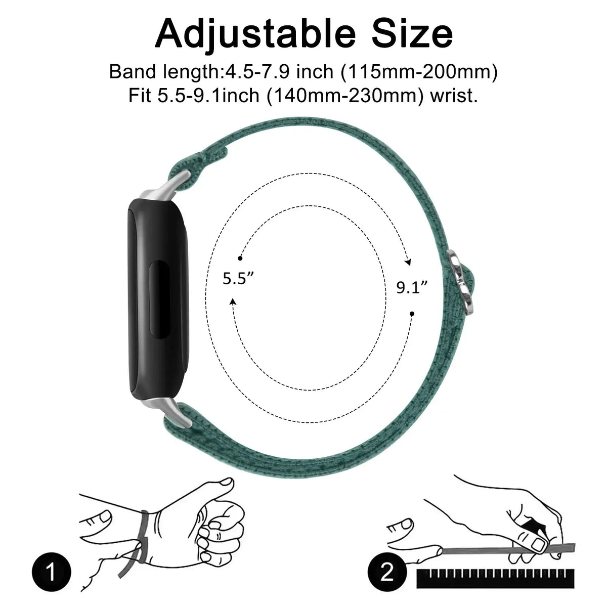 Fitbit Inspire Adjustable Nylon Loop Band - Wrist sizing and loop adjustment diagram