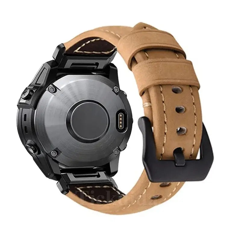 Garmin QuickFit Contrast-Stitch Leather Band tan band shown from the underside of a watch