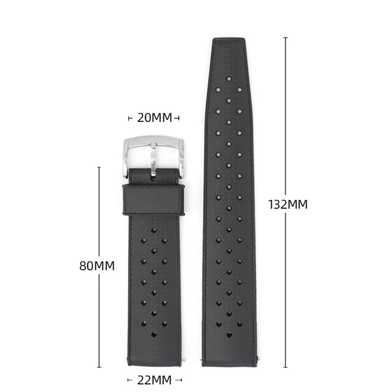 OnePlus Smartwatch Silicone Strap FKM Rubber Watch Band Bracelet dimensions showing 20mm and 22mm width options.