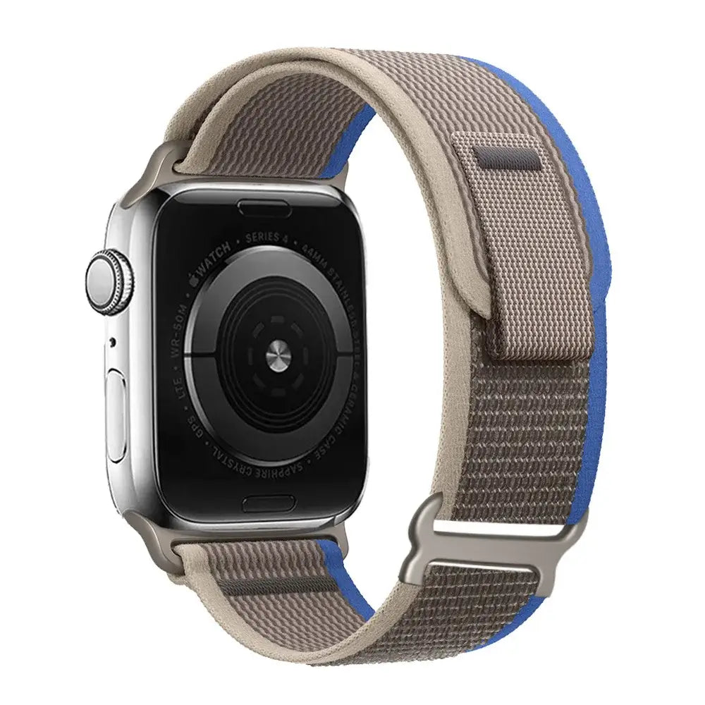 Taupe / Blue woven nylon Apple Watch band with pull tab