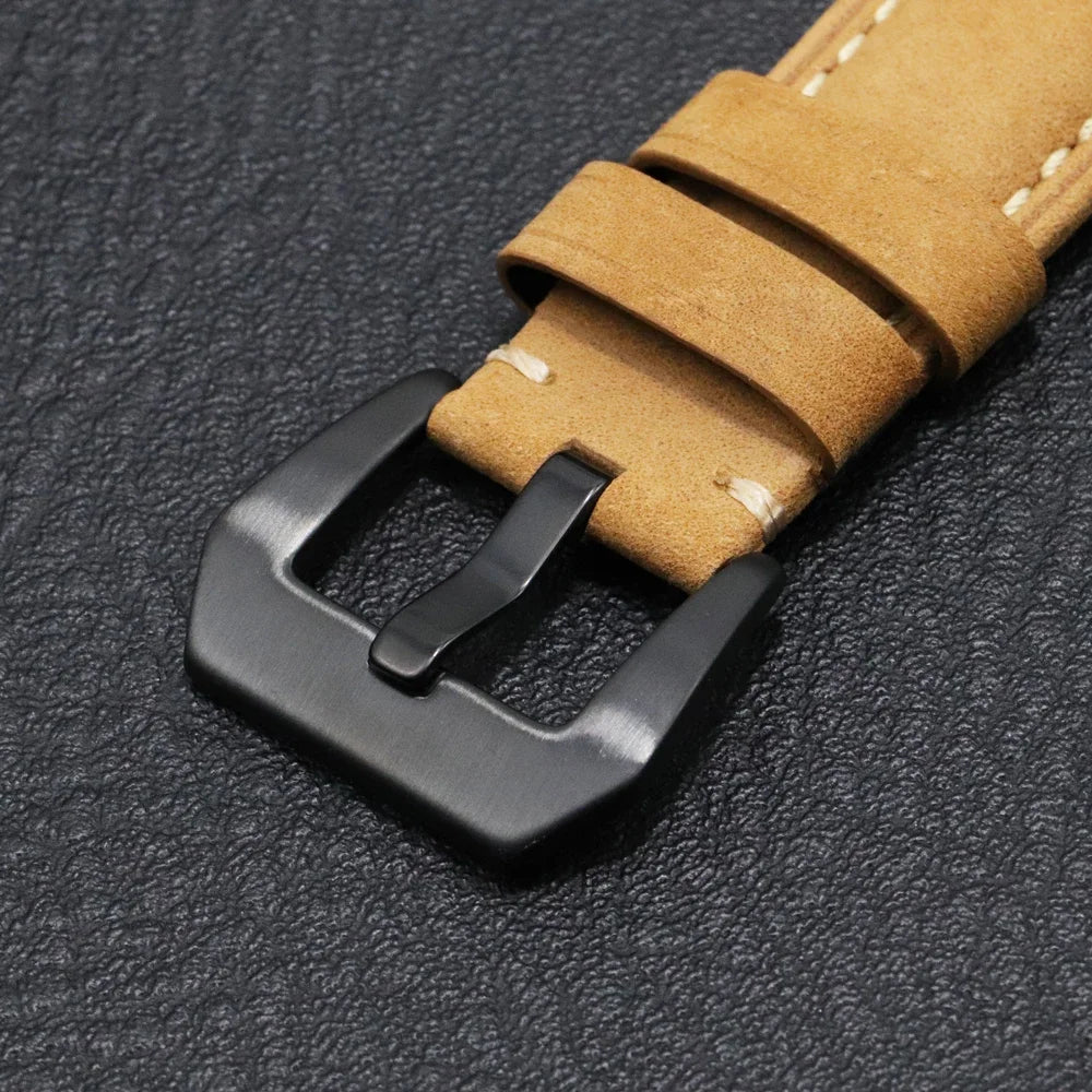 Garmin QuickFit Stitched Leather Buckle Band tan leather, buckle and keepers close-up