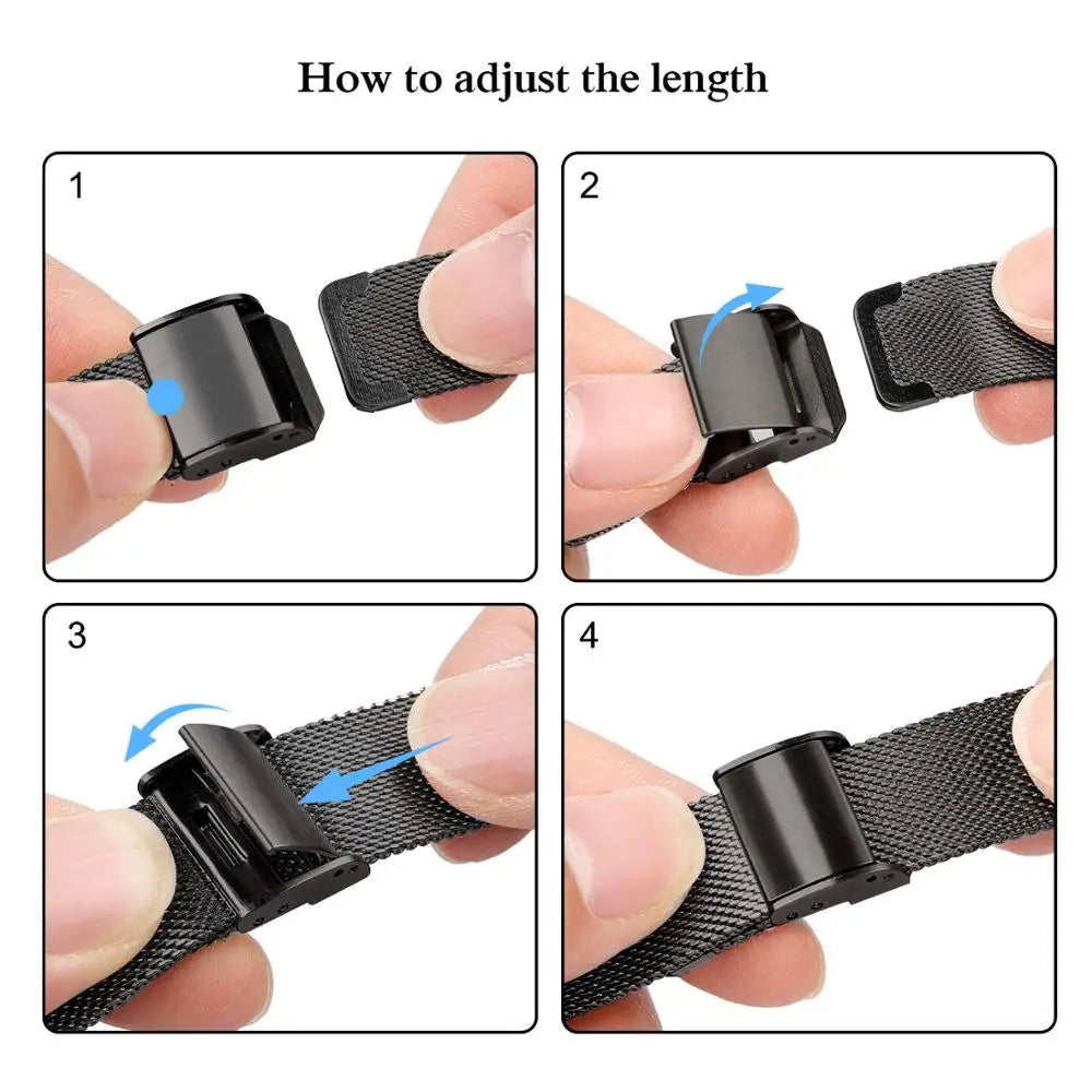 Illustrated sliding-clasp adjustment steps for Apple Watch