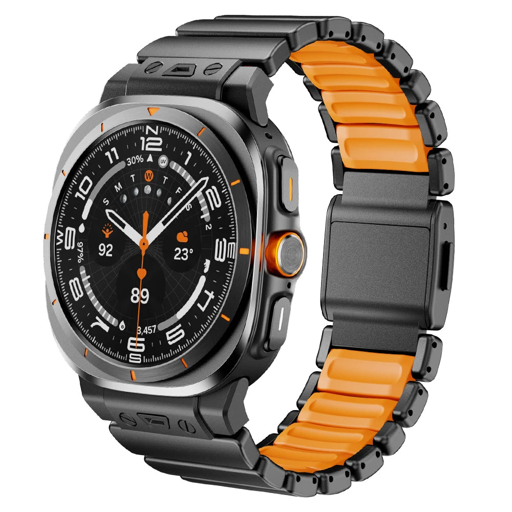 Samsung Galaxy Watch Ultra/Ultra2 Stainless Steel & Silicone Magnetic Band in black and orange color.