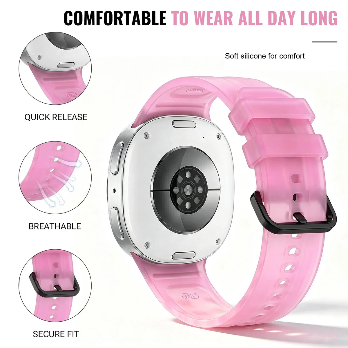 Samsung Galaxy Luminous Silicone Watch Band - Watch8/Watch8 Classic/Watch9 Neon Glow Strap in pink, highlighting comfort and style.