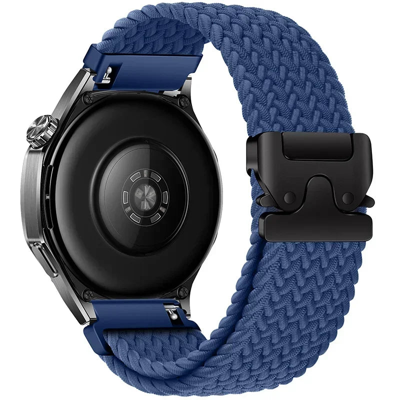 OnePlus Braided Nylon Parachute Buckle Watch Band Strap Replacement in blue color, compatible with various OnePlus watches.