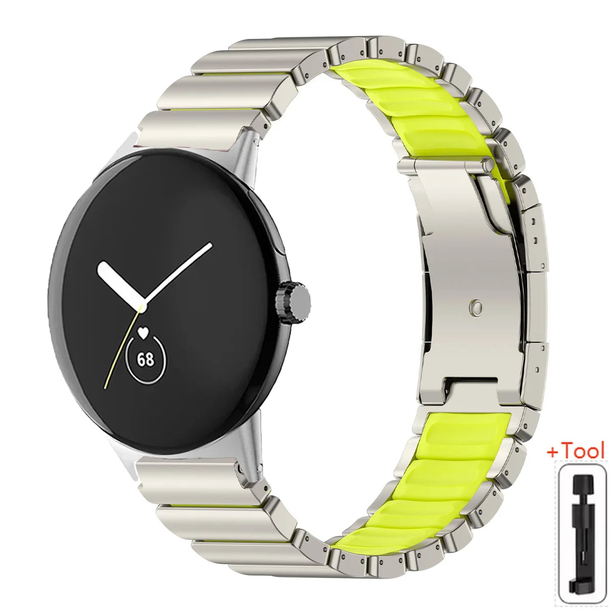Titanium / Green Google Pixel Watch 5, 4 and 3 45mm Titanium and Silicone Link Band