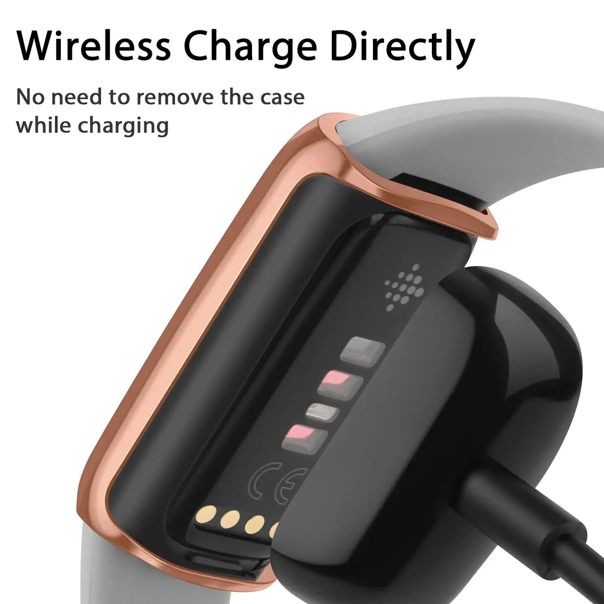 Fitbit Luxe case enabling wireless charging without removal, showcasing a stylish design and convenience.