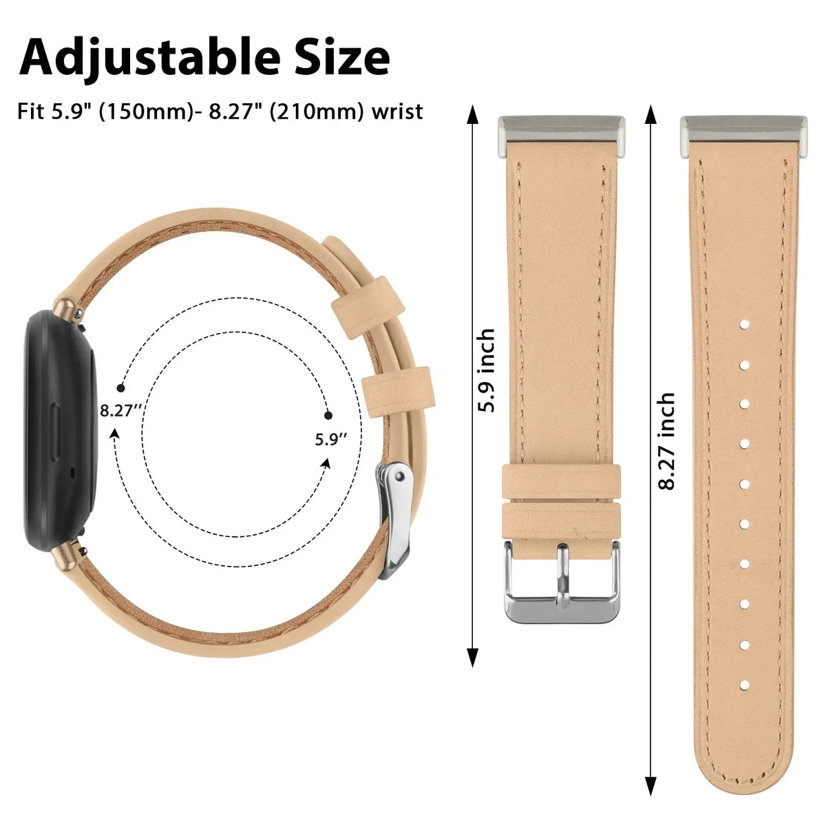 Fitbit Versa 3/4 & Sense 1/2 Leather Buckle Band - Beige strap sizing diagram