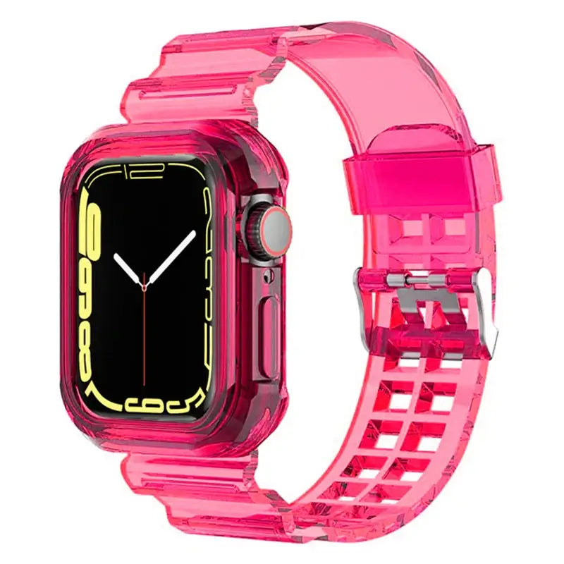 Clear Hot Pink Apple Watch band with bumper case and buckle