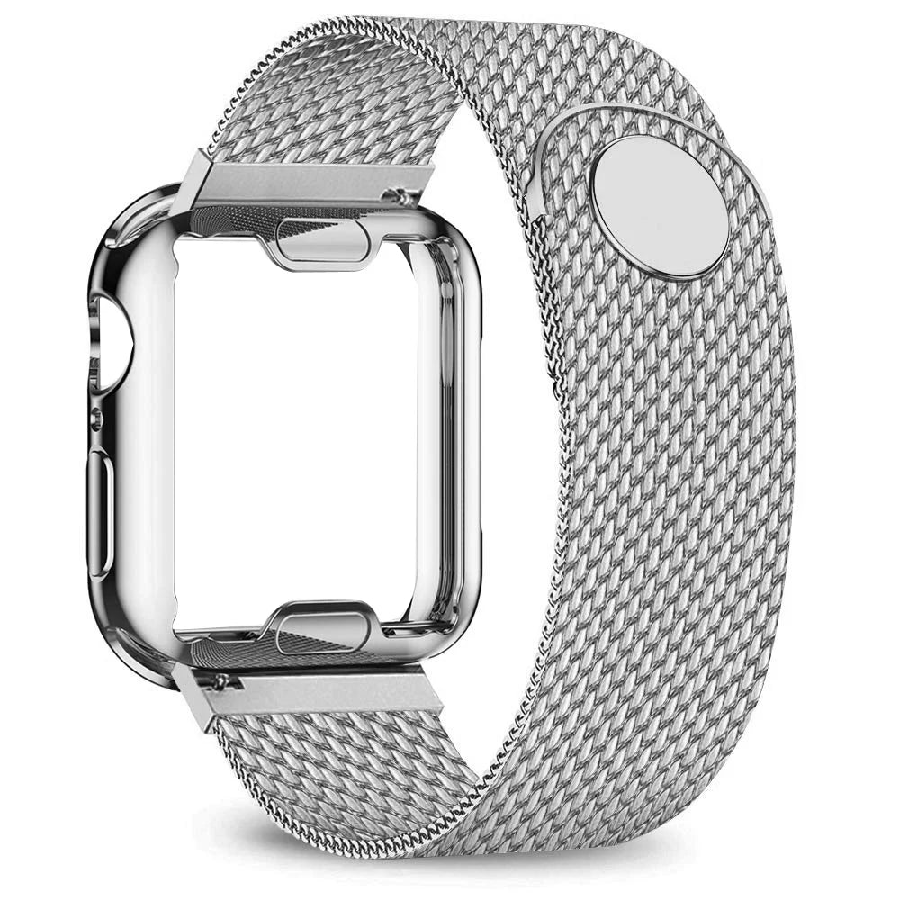 Magnetic Milanese Mesh Apple Watch Band with Matching Case in Silver