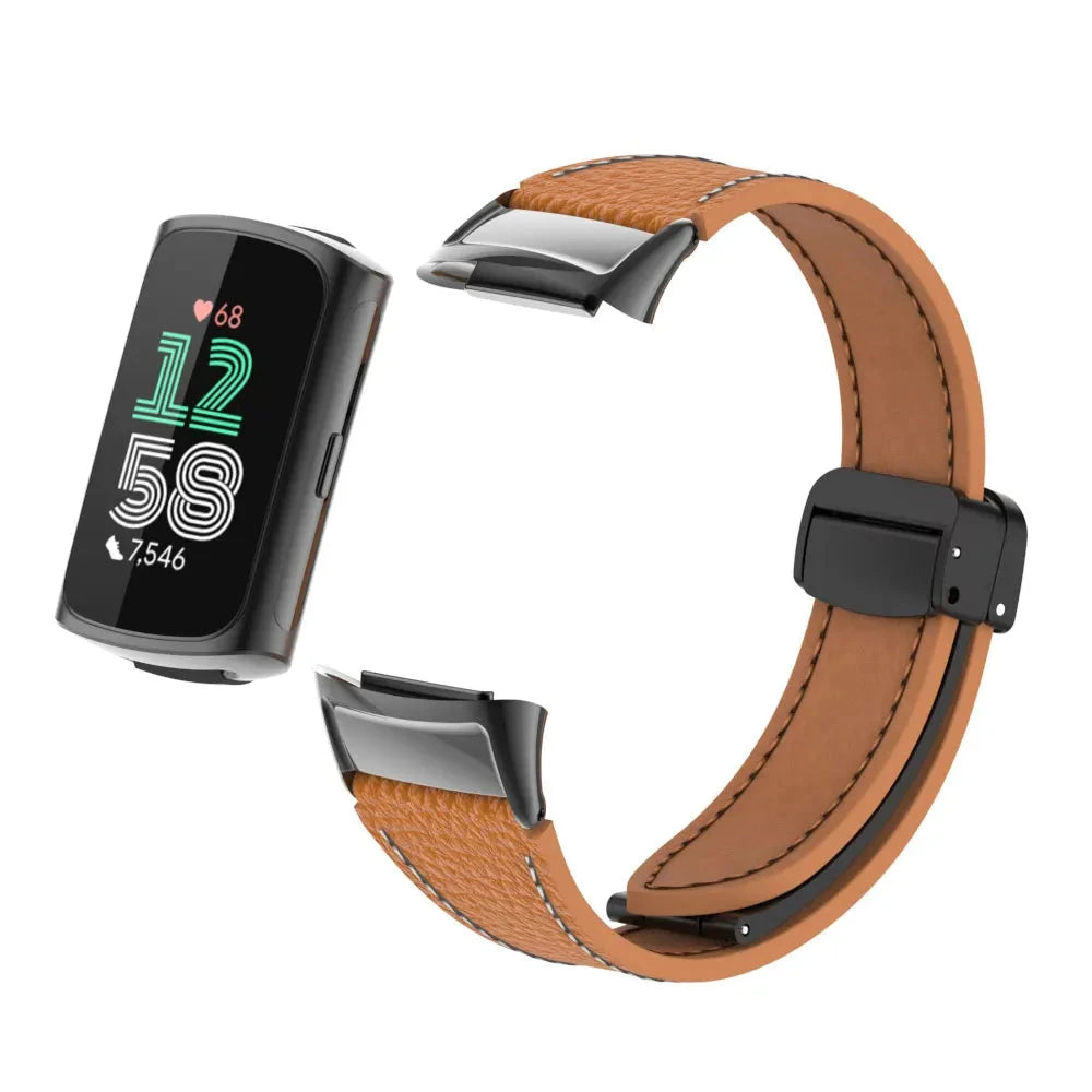 Brown Fitbit Charge 5 and 6 Leather Band with Magnetic Folding Clasp